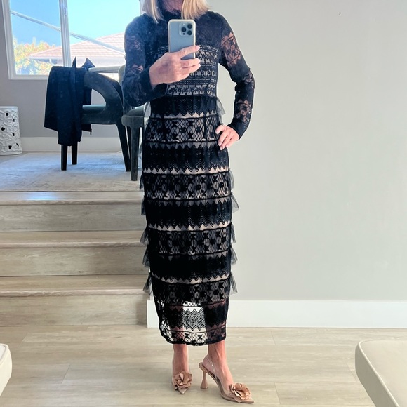 Forever That Girl, black maxi dress. Lace overlay over a nude sheath. - Picture 2 of 7